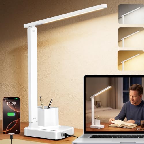 cozoo LED Desk Lamp USB A/C AC Pen Holder Dorm Home Office Desk Light White by COZOO
