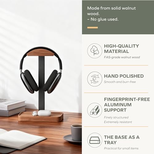 muso wood Walnut Headphone Stand, Wood Headset Stand with Storage Base - Image 4