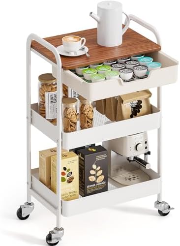TOOLF 3 Tier Rolling Cart with Drawer, Metal Utility Storage Cart, White by TOOLF
