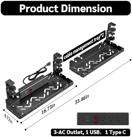 Extended Metal Under Desk Cable Management Tray with Power Outlet - Image 2