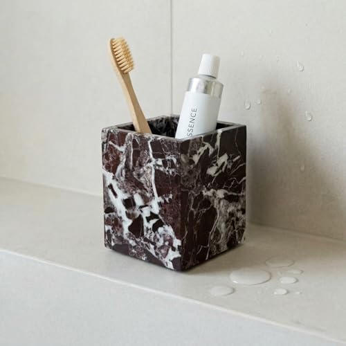 Natural Marble Pen Holder, Square Desk Organizer, Marble Toothbrush Holder, Multi-Functional Makeup Brush Holder, Decorative Storage Cup for Office Vanity Bathroom Kitchen (Rosa Levanto) - Image 5