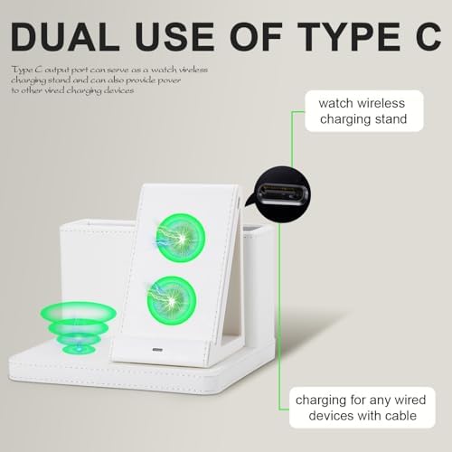 LADSTAG Leather Desk accessories Pen Holder with 3-in-1 Wireless Charger for Phone, Earbuds, Watch Multifunctional Desktop Phone Stand for Office and Home,birthday gifts,gifts for him (white) - Image 4