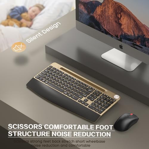 GAMCATZ Ergonomic Wireless Keyboard and Mouse with Wrist Rest，Phone Holder - 2.4GHz Full-Sized Low-Profile Quiet Gold Wireless Mouse and Keyboard Combo for Computer, Laptop, PC, Mac-Gold - Image 5