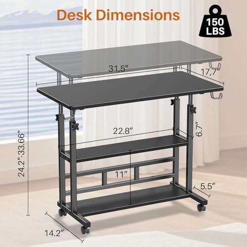 Adjustable Height Standing Desk, Rolling Stand Up Desk with Storage Shelves, 31.5" Small Mobile Computer Desk, Portable Laptop Table (Simple Black) - Image 2