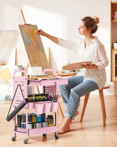 ALVOROG 3 Tier Metal Rolling Cart with Drawer,Wood Top,Pegboards,Pink - Image 4