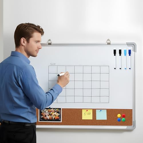 Lincia 1 Set Whiteboard Dry Erase Cork Board Combo, 24" x 18" White Board with 1 Magnetic Dry Eraser, 8 Markers, 4 Magnets, 5 Cork Pegs and 2 Red-Tailed Screw for Office, Home, School, Office Desk - Image 6