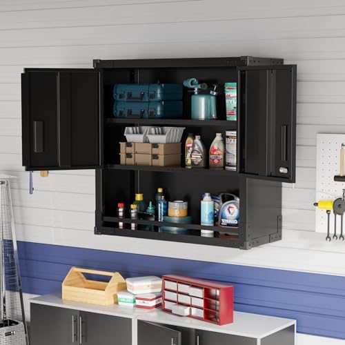 VINGLI Garage Wall Cabinet with Locking Doors and Adjustable Shelf, Metal Wall Cabinet, Floating Upper Storage Cabinet (Black, 30''W x 12''D x 30''H) - Image 2