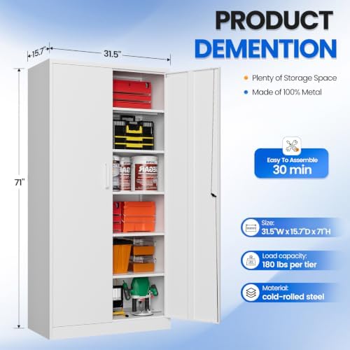 MIIIKO Metal Storage Cabinet with Lock, 71” Steel Storage Cabinet with 2 Doors and 5 Adjustable Shelves for Home Office,Garage(White) - Image 3