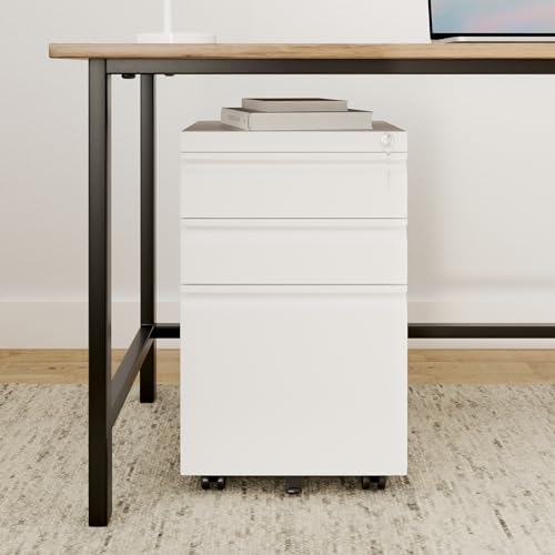 DEVAISE 3 Drawer Mobile File Cabinet with Lock, Under Desk Metal Filing Cabinet for Home Office/Legal/Letter/A4 File, Fully Assembled Except Wheels, White - Image 2