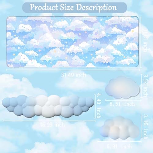 Blue Cloud Mouse Pad and Keyboard Wrist Rest 4PCS Extended Large Stars Desk Mat Pad Set Memory Foam Non-Slip Ergonomic Cute Gaming Mouse Pad Wrist Support for Computer Laptop Home Office - Image 4