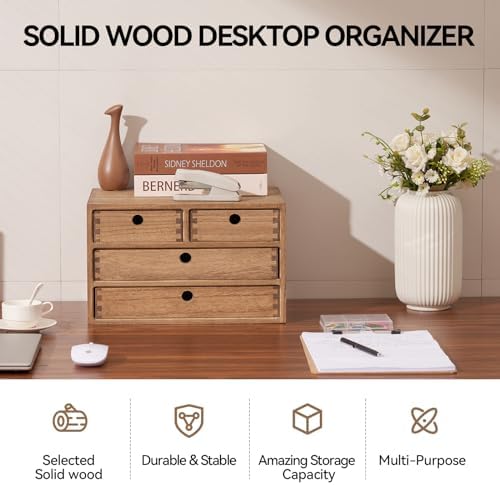 KIRIGEN Wood Desktop Organizers with Drawers Home Workspace Office Supplies Wooden Storage Box Shelf Case Hold Makeup Box with 4 Drawers Dark Brown - Image 4