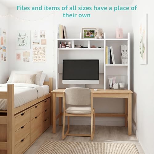 NUTIKAS Desk Hutch White Desktop Bookshelf Shelf - 37 Inch Computer Desk Organizer for Dorm Room, Wood Storage Rack for Home Office Desktop Display Shelves, Small Bookcase for Top of Desk - Image 7