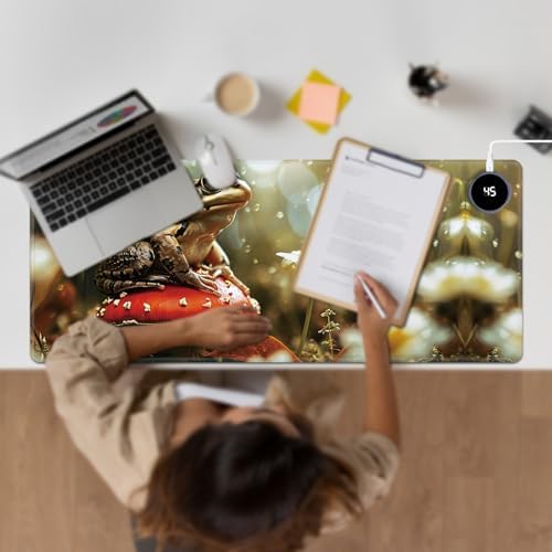 Heated Desk Pad Large Mouse Pad 31.5 x 13 inch with 3 Levels Heating & Auto Shut-Off Warm Mouse pad PU Leather Computer Mousepad for Home Office Work - Red Mushroom and Frog - Image 7