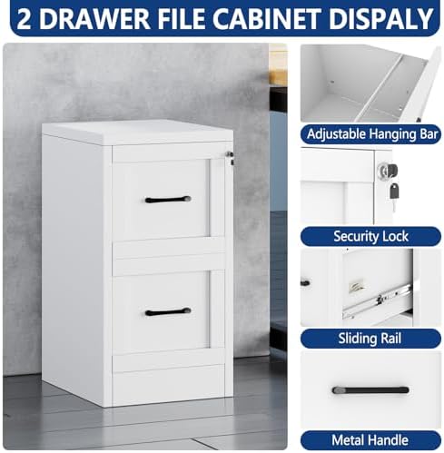 Ckzbx 2 Drawer File Cabinet with Lock, Narrow Vertical Filing Cabinet, Under Desk File Cabinets,White Metal Dresser Cabinets for Home Office,Fit Letter/A4/Legal Size File - Image 3