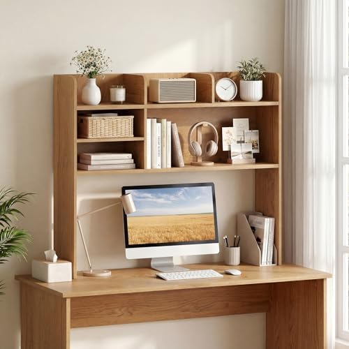 LDAILY 3-Tier Desktop Bookshelf, Wooden Desk Hutch for Computer Monitor Up to 32 Inch, Desk Organizer Shelf with Adjustable Shelf & 6 Storage Shelves, Desk Display Rack for Home Office Dorm (Natural) - Image 2