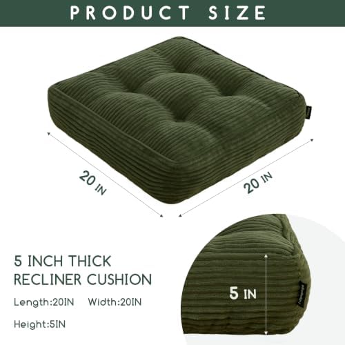 HIGOGOGO Tufted Corduroy Recliner Seat Cushion for Elderly, 20x20x5 Inch Large Square Seat Cushion for Recliner Chair, Floor Pillow, Office Chair, Car, No Pressure on Thighs, Dark Green - Image 3