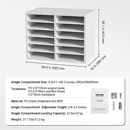 VEVOR Literature Organizers, 12 Compartments Office Mailbox with Adjustable Shelves, Wood Literature Sorter 20.4x12x16.1 inches for Office, Home, Classroom, Mailrooms Organization, EPA Certified White - Image 3