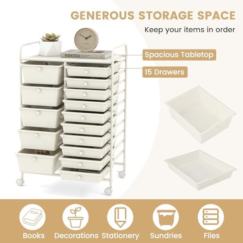 LDAILY 15 Drawer Rolling Storage Cart, Rolling Cart with Drawers for Classroom, Art Supply Craft Organizer on Wheel with Metal Frame & Handles for Home Office School - Image 5