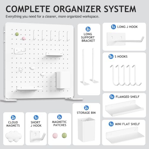 White Metal Desk Pegboard Organizer, 15.75 in with Hooks and Shelves - Image 6