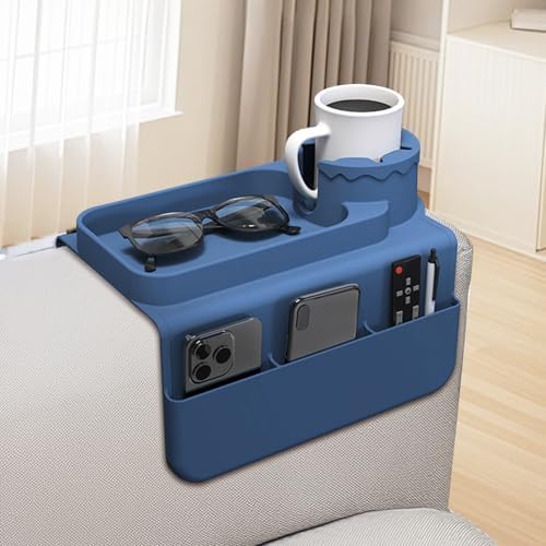 Couch Cup Holder Tray, Silicone Sofa Armrest organizer with Side Pockets for Storage Remotes, Cell-phone,Tablet or Snack, Anti-Spill and Anti-Slip Sofa Arm Tray for Recliner, Armchair Caddy (Blue) by Unknown