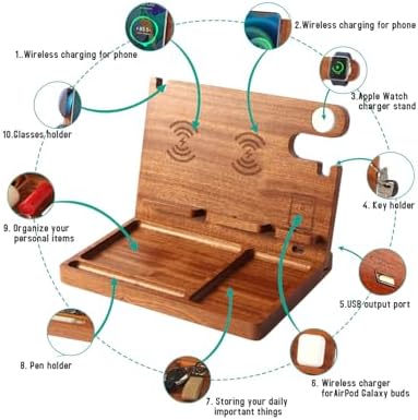 Nightstand Organizer with 4 Wireless Charger for 2 iPhone/Android Phone,Apple Watch,Airpod,Wood Phone Docking Station,27W Fast Wireless Charging Station,Wallet/Key Holder,Gift for Men Dad - Image 2