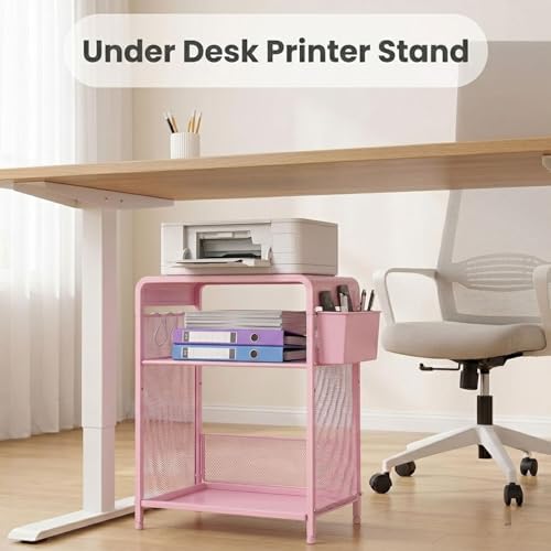 ECOLOVI Small 3 Tier Printer Stand for Under Desk, Height Adjustable Shelf Printer Table with 3 S-Hooks & Basket, Heavy Duty Industrial Storage Shelf for Home Office (Pink) - Image 4