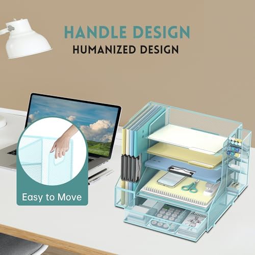 5-Tier Desk Organizer with File Holder & Pen Holder & Sliding Drawer, Blue - Image 6