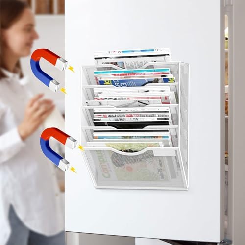 5-Tier Magnetic File Organizer, No Drilling Installation, White Magnetic Paper Holder, Magazine Rack for Refrigerator and File Cabinets - Image 7