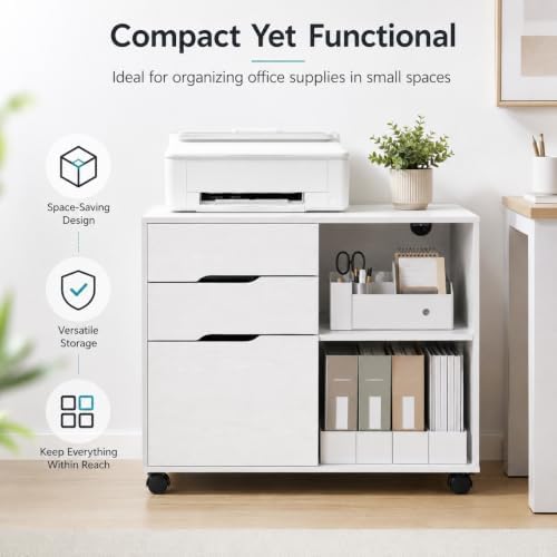 Simple Deluxe 3 Drawer Rolling File Cabinet, Wood Printer Stand with Adjustable Shelf for Home Office Study Organizatiom, White - Image 7