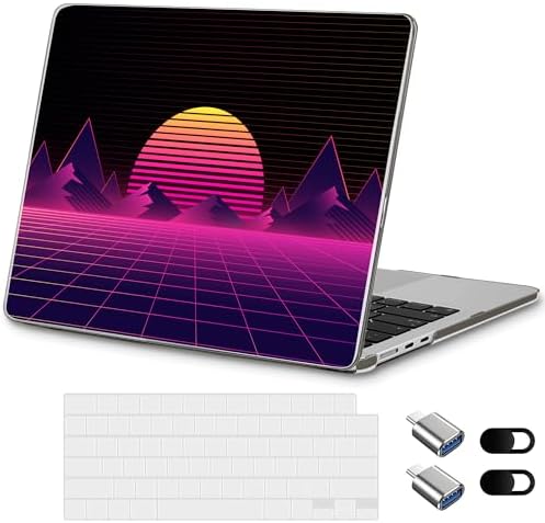 Case for MacBook Air 13.6 Inch M5 2026 M4 (2025) M3 (2024) & M2 (2022) - Aesthetic Clear Hard Shell Skin Ultimate 6-in-1 Bundle with TPU Keyboard Cover, 2X USB-C Adapters, Retro Synthwave by Loyrina