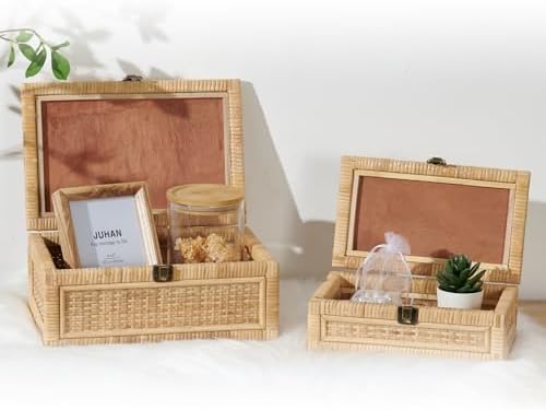 2PCS Rattan Box with Lid Decorative Natural Handmade Boho Basket - Image 7