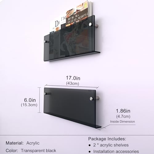 2 Pcs Acrylic Magazine Rack, 17" Black Record Holder, Hanging Bookshelf Literature Storage Rack for Waiting Room, Office, Home Display - Image 2