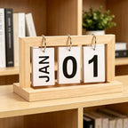 Wooden Perpetual Flip Calendar for Desk—Natural Wood Texture—Vertical Page Flipper with Metal Ring—Reusable Daily Date Tracker for Home Office Study Bedroom Shelf by Unknown