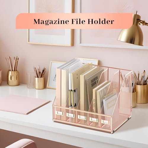 SUPEASY Desk Organizers Metal Desk Magazine File Holder with 5 Vertical Compartments Rack File Organizer for Office Desktop, Home Workspace, Rose Gold - Image 2