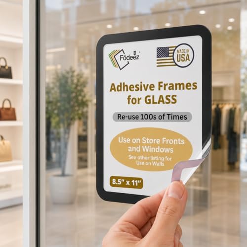 Letter-Size 8.5 x 11 Adhesive Interior for Exterior Viewing Frames - Reusable Sticker Holder Display for Windows & Doors, Paper Holder, Dry Erase, Non Acylic & Non Magnetic - Black, Pack of 5 by Fodeez%C2%AEReusableAdhesiveFrames
