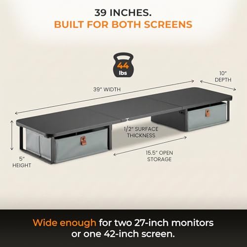 DuoStand Plus - 39” Dual Monitor Riser for Desk with 2 Drawers - Wood & Steel Double Monitor Stand with Storage - Desk Organizer Shelf for Desktop Computer, Laptop, TV & Printer (Matte Black) - Image 5