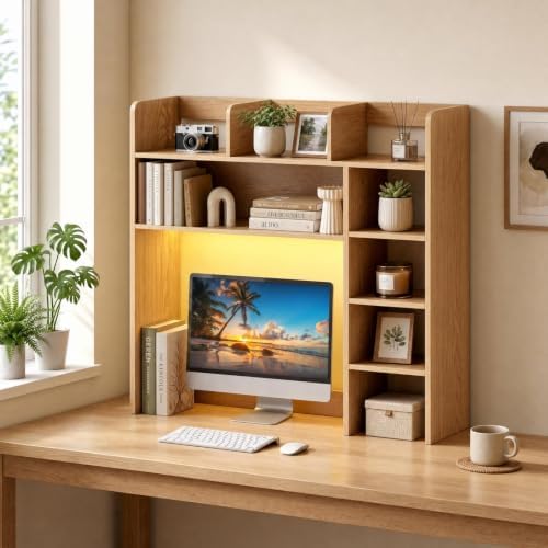 GOFLAME Desk Hutch, 8 Shelves Desktop Bookshelf, 31.5”, Natural by GOFLAME