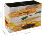 PU Leather Multi-Compartment Pen Holder Desktop Organizer Pencil Cup Storage Caddy for Office Home Supplies Hand Drawn Vibrant Yellow Watercolor Sunflowers Flowers Old Letters - Image 2