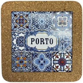 Portugal Azulejo Tiles, Ethnic Portugese Ceramic Tiles - Cork Trivets - Home & Wall Decorations (7.8 Inch - 20cm) (Porto in 9 Tiles) by GOLDTON