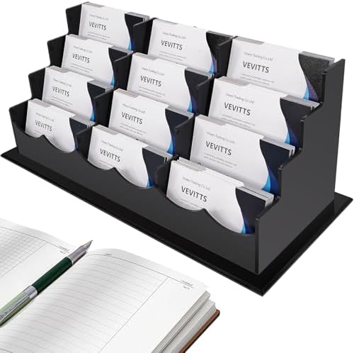 Vevitts Business Card Holder, Acrylic Business Card Display, Clear Desktop Business Card Stand for Exhibition, Home & Office Black 4 Tiers 12 Slots by Vevitts