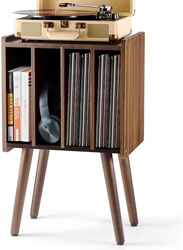 2BHOME Wooden Record Player Stand, Vinyl Record Storage Holder Table with 4 Cabinets, Holds up to 100 LPs, Metal Organizer Stand, Classical Design for Files/Book (Walnut, 2 Tier) by 2BHOME