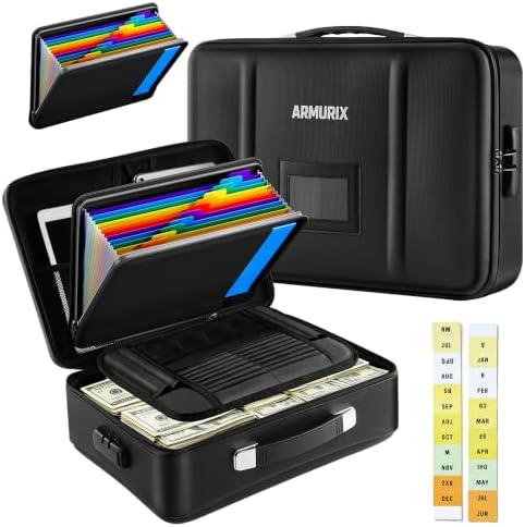 Fireproof Document Box with Lock,Hard-Shell Case File Organizer with 13 Pocket File Folder,Portable Office Travel Storage for Important Documents Passport Laptop (Black, Style A) by Unknown