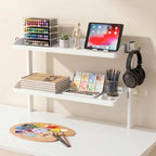 Clamp on Desk Shelf White, 24in 2-Tier Office Desk Shelves Organizer, Shelf for Top of Desk with Headphone Holder and Hooks, Desktop Storage Rack for Home Workspace, Study Rooms, Gaming Accessories - Image 6
