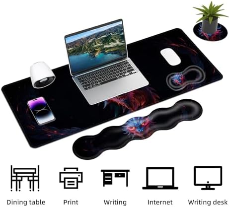 Keyboard Mouse Pad Set, Extended Gaming Mouse Pad+Ergonomics Keyboard Wrist Rest Support, Memory Foam, Easy Typing Pain Relief, 4Pcs XL Ultra Thick Desk Mat,Angry Dragon - Image 3