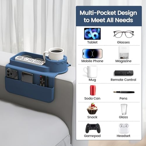 Couch Cup Holder Tray, Silicone Sofa Armrest organizer with Side Pockets for Storage Remotes, Cell-phone,Tablet or Snack, Anti-Spill and Anti-Slip Sofa Arm Tray for Recliner, Armchair Caddy (Blue) - Image 4