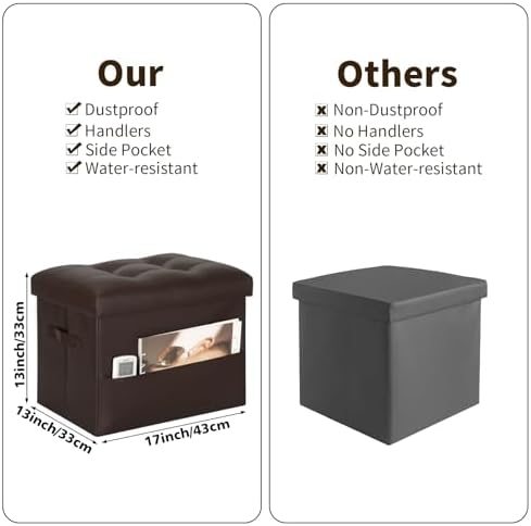 Ottoman with Storage, Folding Leather Foot Stools Ottoman for Dorm, Brown - Image 3