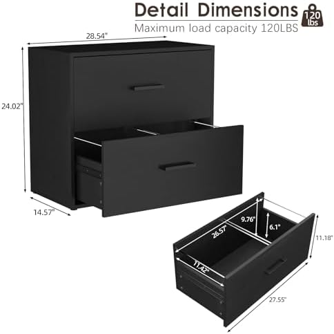 File Cabinet, 2 Drawer Lateral Filing Cabinet with Hanging Bars for Letters, Black File Cabinets for Home Office, Large Printer Stand, Wood Office Storage Cabinet - Image 3
