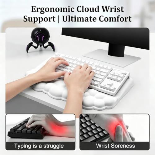 Cloud Keyboard Wrist Rest with Sloped Keyboard Pad, Ergonomic 3-in-1 Mouse Pad with Wrist Support and Coaster, Non-Slip Memory Foam Desk Mat Set for Mechanical Keyboard, Office & Gaming,White - Image 5