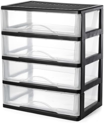 BYCY Medium 4 Drawer Clear Stacking Desktop Organizer for Office Supplies,Stackable Storage Drawers Plastic Storage Bins For Kitchen Cabinets, Pantry, Home Organization (Black, Medium 4Drawer) by BYCY