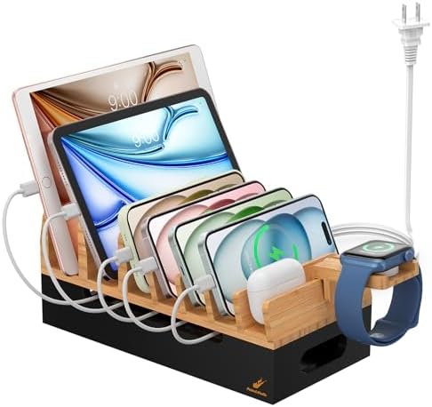 Bamboo Charging Station with 5 Port Charger HUB & 5 Cables- Natural + Black by PezinHulin